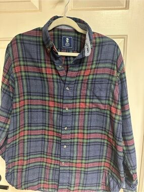 Izod Blue Plaid Button-Down Shirt with Red and Green Accents